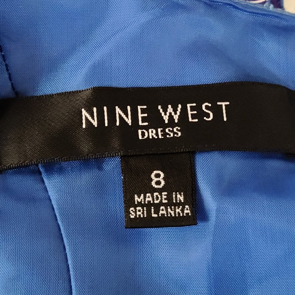 NINE WEST MIDI - SLEEVELESS--FIT& FLARE-DRESS SZ 8 ''BLUE COMBO'' GEO PRINT - Picture 2 of 15